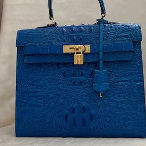 Elegant Blue Crocodile Embossed top handle bag